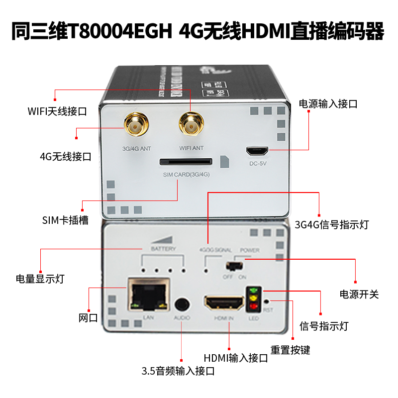 T80004EGH 4G無(wú)線H.265高清HDMI推流直播編碼器接口